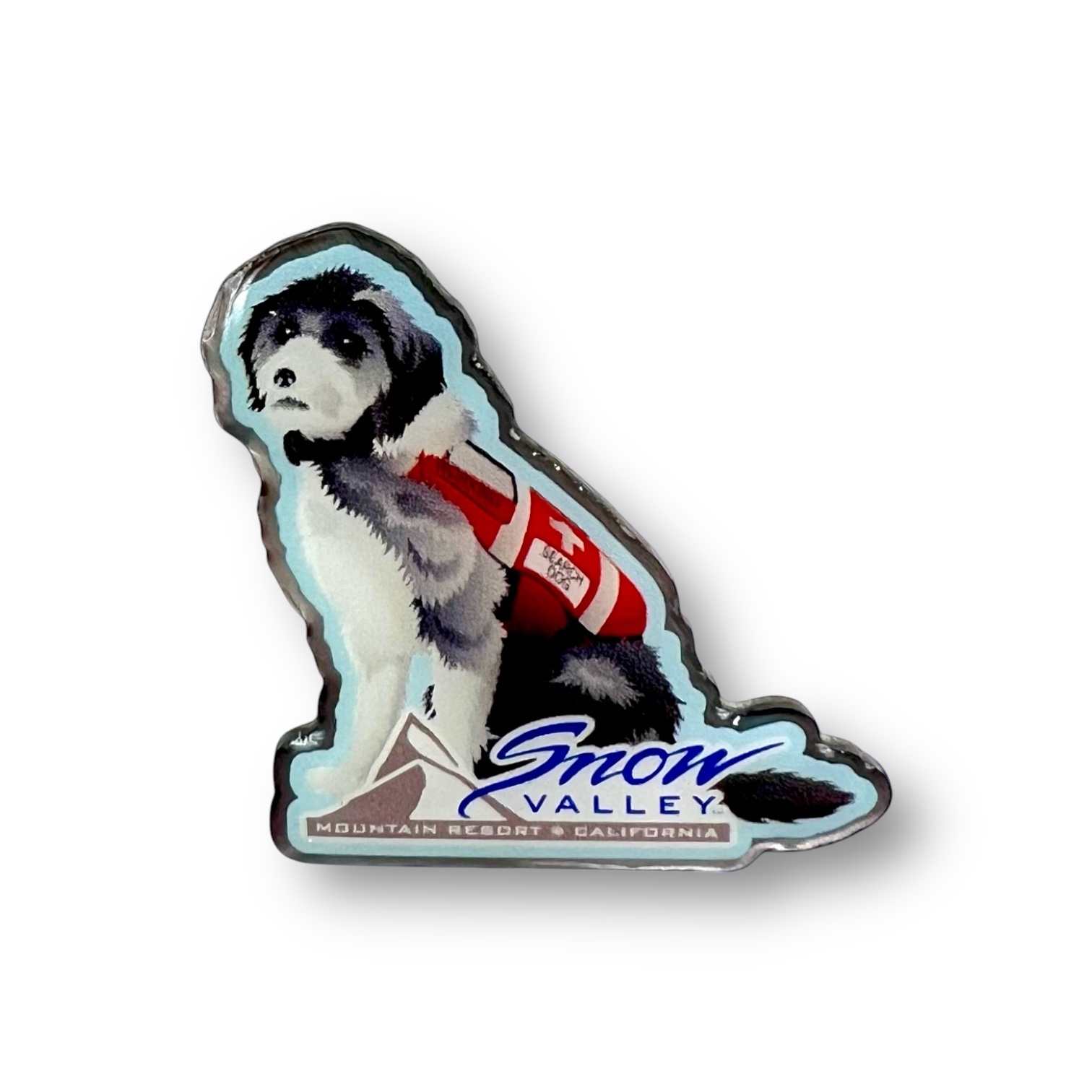 Snow Valley patrol dog pin with grey and white dog in red patrol vest and Snow Valley logo on bottom